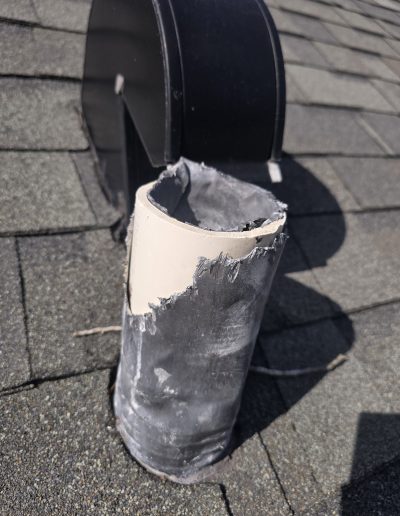 Chewed sewer lead boot caused by squirrel damage on residential roof in Lake Mary, FL